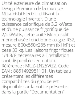 Unité extérieure Design Premium 3.2 kWatts - R32 - Mitsubishi Electric - Réf : MUZ-LN25VG2