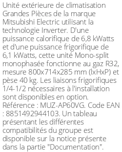 Unité extérieure Grandes Pièces 6.8 kWatts - R32 - Mitsubishi Electric - Réf : MUZ-AP60VG