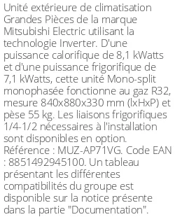 Unité extérieure Grandes Pièces 8.1 kWatts - R32 - Mitsubishi Electric - Réf : MUZ-AP71VG