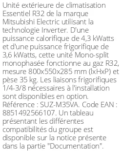 Unité extérieure Essentiel 4.3 kWatts - R32 - Mitsubishi Electric - Réf : SUZ-M35VA