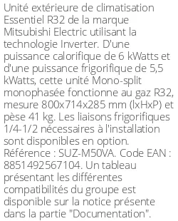 Unité extérieure Essentiel 6 kWatts - R32 - Mitsubishi Electric - Réf : SUZ-M50VA