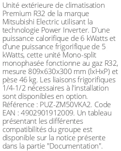 Unité extérieure Premium 6 kWatts - R32 - Mitsubishi Electric - Réf : PUZ-ZM50VKA2