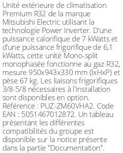 Unité extérieure Premium 7 kWatts - R32 - Mitsubishi Electric - Réf : PUZ-ZM60VHA2