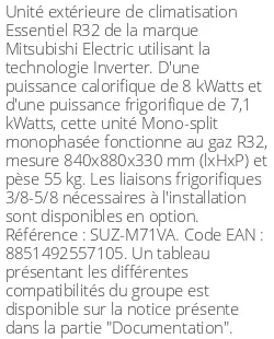 Unité extérieure Essentiel 8 kWatts - R32 - Mitsubishi Electric - Réf : SUZ-M71VA