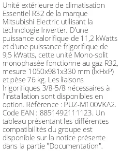 Unité extérieure Essentiel 11.2 kWatts Monophasé - R32 - Mitsubishi Electric - Réf : PUZ-M100VKA2