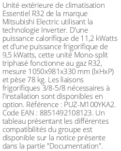 Unité extérieure Essentiel 11.2 kWatts Triphasé - R32 - Mitsubishi Electric - Réf : PUZ-M100YKA2