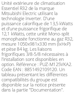 Unité extérieure Essentiel 13.5 kWatts Monophasé - R32 - Mitsubishi Electric - Réf : PUZ-M125VKA2