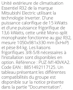 Unité extérieure Essentiel 15 kWatts Monophasé - R32 - Mitsubishi Electric - Réf : PUZ-M140VKA2