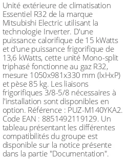 Unité extérieure Essentiel 15 kWatts Triphasé - R32 - Mitsubishi Electric - Réf : PUZ-M140YKA2