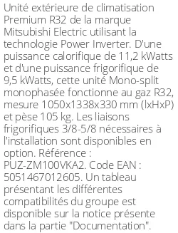 Unité extérieure Premium 11.2 kWatts Monophasé - R32 - Mitsubishi Electric - Réf : PUZ-ZM100VKA2