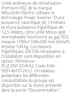 Unité extérieure Premium 14 kWatts Monophasé - R32 - Mitsubishi Electric - Réf : PUZ-ZM125VKA2