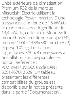 Unité extérieure Premium 16 kWatts Monophasé - R32 - Mitsubishi Electric - Réf : PUZ-ZM140VKA2