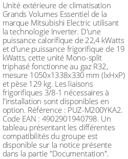 Unité extérieure Grands Volumes Essentiel 22.4 kWatts - R32 - Mitsubishi Electric - Réf : PUZ-M200YKA2