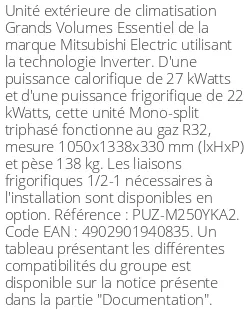 Unité extérieure Grands Volumes Essentiel 27 kWatts - R32 - Mitsubishi Electric - Réf : PUZ-M250YKA2