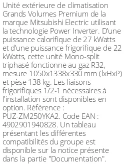 Unité extérieure Grands Volumes Premium 27 kWatts - R32 - Mitsubishi Electric - Réf : PUZ-ZM250YKA2