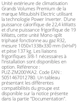 Unité extérieure Grands Volumes Premium 22.4 kWatts - R32 - Mitsubishi Electric - Réf : PUZ-ZM200YKA2