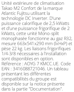 Unité extérieure Takao M2 Confort 2,5 kWatts - R32 - Atlantic Fujitsu - Réf : AOYG 7 KMCC.UE