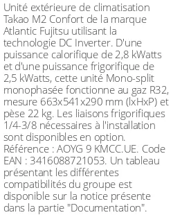 Unité extérieure Takao M2 Confort 2,8 kWatts - R32 - Atlantic Fujitsu - Réf : AOYG 9 KMCC.UE
