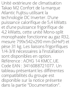 Unité extérieure Takao M2 Confort 5,4 kWatts - R32 - Atlantic Fujitsu - Réf : AOYG 14 KMCC.UE