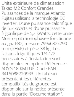 Unité extérieure Takao M2 Confort Grandes Puissances 6,3 kWatts - R32 - Atlantic Fujitsu - Réf : AOYG 18 KMT.UE