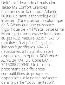 Unité extérieure Takao M2 Confort Grandes Puissances 8 kWatts - R32 - Atlantic Fujitsu - Réf : AOYG 24 KMT.UE