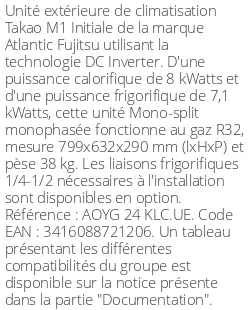 Unité extérieure Takao M1 Initiale 8 kWatts - R32 - Atlantic Fujitsu - Réf : AOYG 24 KLC.UE