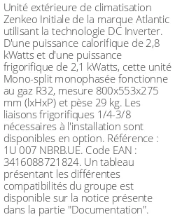 Unité extérieure Zenkeo Initiale 2,8 kWatts - R32 - Atlantic - Réf : 1U 007 NBRB.UE