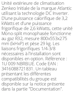 Unité extérieure Zenkeo Initiale 3,2 kWatts - R32 - Atlantic - Réf : 1U 009 NBRB.UE