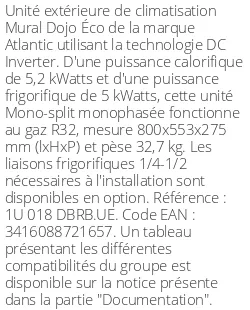 Unité extérieure Dojo Éco 5,2 kWatts - R32 - Atlantic - Réf : 1U 018 DBRB.UE