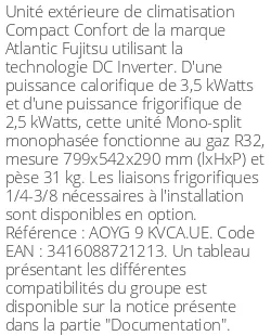 Unité extérieure Compact Confort 3,5 kWatts - R32 - Atlantic Fujitsu - Réf : AOYG 9 KVCA.UE