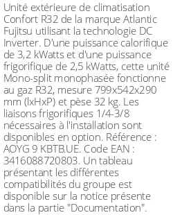 Unité extérieure Confort 3,2 kWatts - R32 - Atlantic Fujitsu - Réf : AOYG 9 KBTB.UE