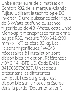 Unité extérieure Confort 5 kWatts - R32 - Atlantic Fujitsu - Réf : AOYG 14 KBTB.UE