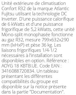 Unité extérieure Confort 6 kWatts - R32 - Atlantic Fujitsu - Réf : AOYG 18 KBTB.UE