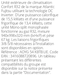 Unité extérieure Confort 15,5 kWatts Monophasé - R32 - Atlantic Fujitsu - Réf : AOYG 54 KBTB.UE