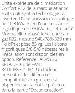 Unité extérieure Confort 10,8 kWatts Triphasé - R32 - Atlantic Fujitsu - Réf : AOYG 36 KRTA.UE