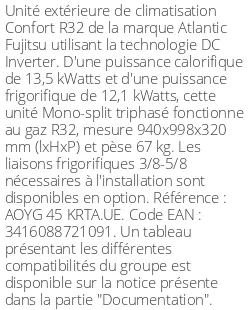 Unité extérieure Confort 13,5 kWatts Triphasé - R32 - Atlantic Fujitsu - Réf : AOYG 45 KRTA.UE