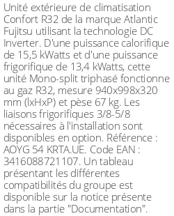 Unité extérieure Confort 15,5 kWatts Triphasé - R32 - Atlantic Fujitsu - Réf : AOYG 54 KRTA.UE