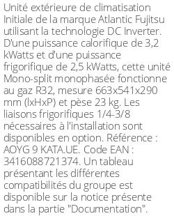 Unité extérieure Initiale 3,2 kWatts - R32 - Atlantic Fujitsu - Réf : AOYG 9 KATA.UE