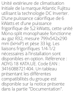 Unité extérieure Initiale 6 kWatts - R32 - Atlantic Fujitsu - Réf : AOYG 18 KATA.UE