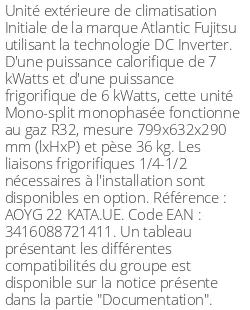 Unité extérieure Initiale 7 kWatts - R32 - Atlantic Fujitsu - Réf : AOYG 22 KATA.UE