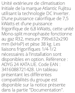 Unité extérieure Initiale 7,5 kWatts - R32 - Atlantic Fujitsu - Réf : AOYG 24 KATA.UE