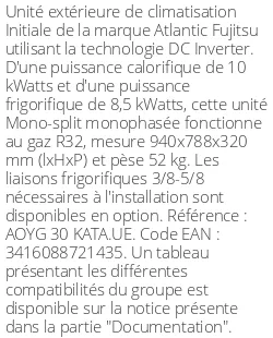 Unité extérieure Initiale 10 kWatts - R32 - Atlantic Fujitsu - Réf : AOYG 30 KATA.UE