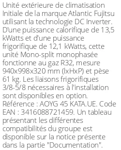 Unité extérieure Initiale 13,5 kWatts Monophasé - R32 - Atlantic Fujitsu - Réf : AOYG 45 KATA.UE