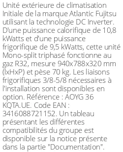 Unité extérieure Initiale 10,8 kWatts Triphasé - R32 - Atlantic Fujitsu - Réf : AOYG 36 KQTA.UE