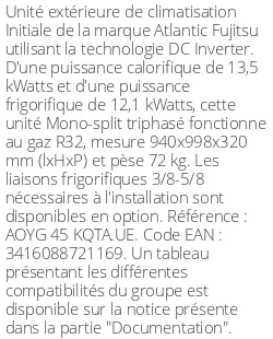 Unité extérieure Initiale 13,5 kWatts Triphasé - R32 - Atlantic Fujitsu - Réf : AOYG 45 KQTA.UE