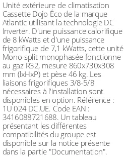 Unité extérieure Cassette Dojo Éco 8 kWatts - R32 - Atlantic - Réf : 1U 024 DC.UE