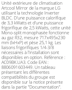 Unité extérieure Artcool Mirror 3.3 kWatts - R32 - LG - Réf : AC09BK.UA3