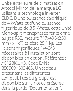 Unité extérieure Artcool Mirror 4 kWatts - R32 - LG - Réf : AC12BK.UA3