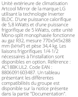 Unité extérieure Artcool Mirror 5.8 kWatts - R32 - LG - Réf : AC18BK.UL2