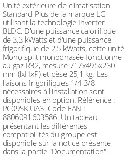 Unité extérieure Standard Plus 3.3 kWatts - R32 - LG - Réf : PC09SK.UA3